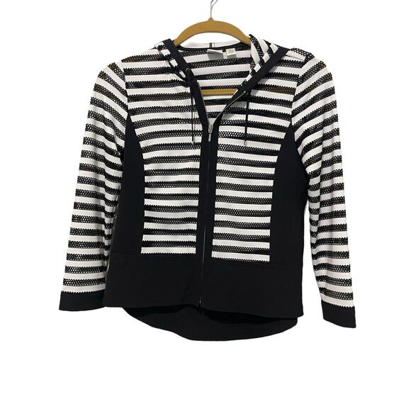 Zenergy By Chicos Neema Mesh Black White Striped Hooded Jacket Size 0 - Picture 1 of 5